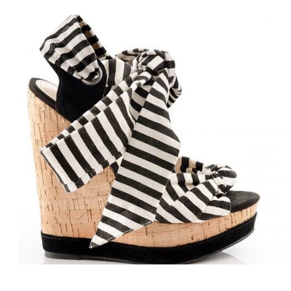 NWOT Shoemint Open Toe Striped Cork Platform Wedges Lace Up Ties Black White 5.5 - Picture 6 of 16